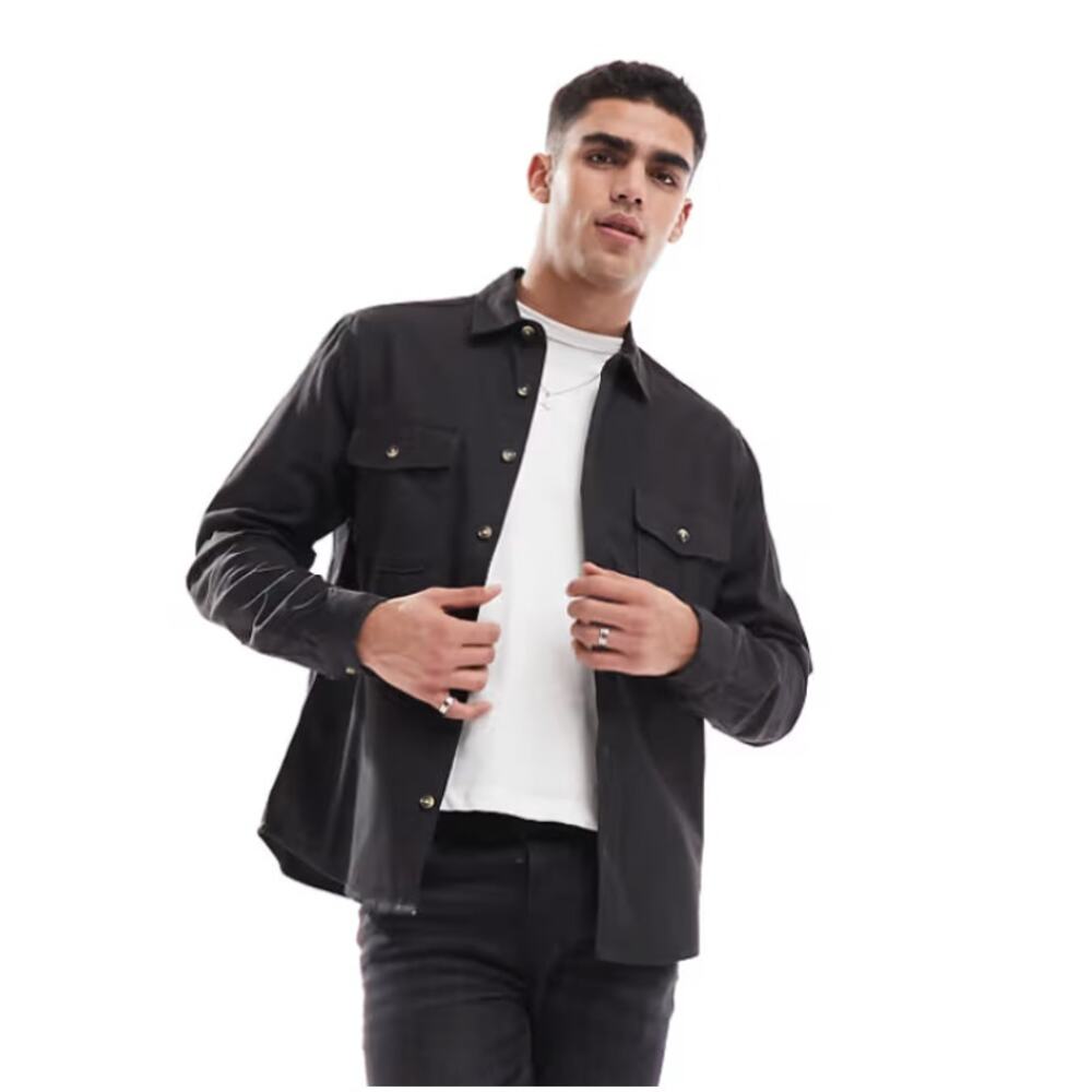 NWT ASOS‎ Mens 3XL Black Long Sleeve Button Down Shirt Overshirt